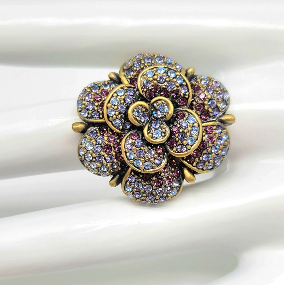 Heidi Daus Vintage Tanzanite + Amethyst Swarovski Crystal Flower Statement Ring